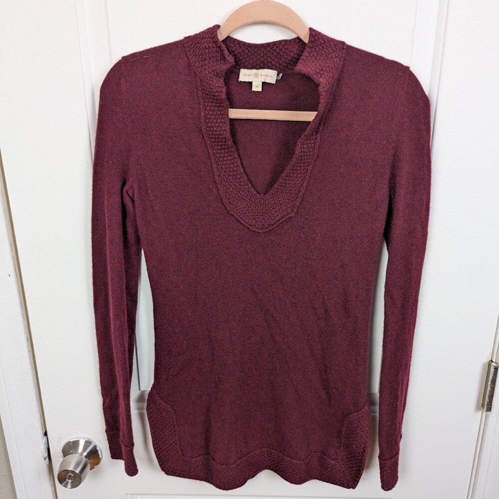 Tory Burch | Burgundy Textured Trim Cashmere V Neck Sweater Size XS